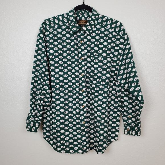 Vintage Eddie Bauer Womens Top Medium Novelty Print Dog Boy Hunting Button Front - Picture 1 of 10
